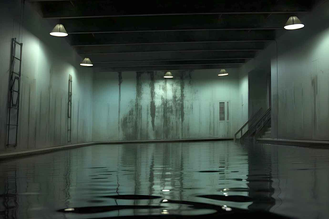 Flooded basement photo, low lights , stairs to up floor